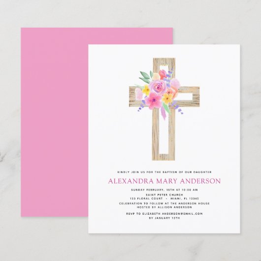 Papier Budget Baptême Pastel Floral Rose Croix (Devant / Derrière)