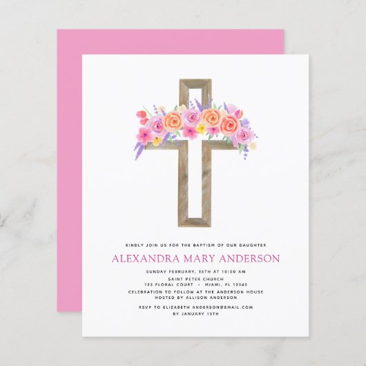 Papier Budget Baptême Pastel Floral Rose Croix (Devant / Derrière)