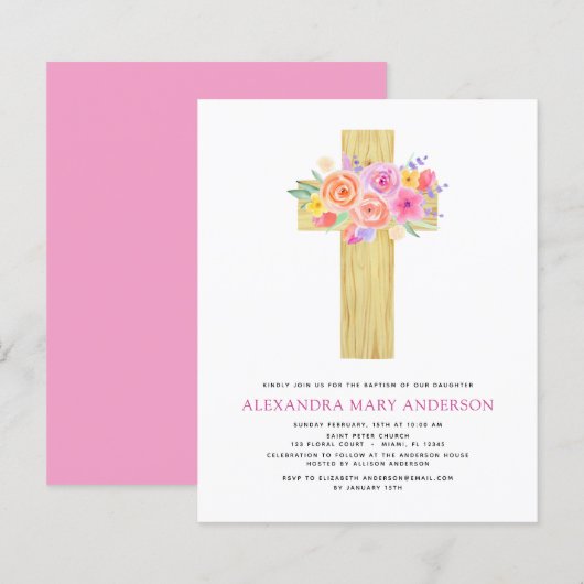 Papier Budget Baptême Pastel Floral Rose Croix (Devant / Derrière)