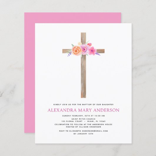 Papier Budget Baptême Pastel Floral Rose Croix (Devant / Derrière)