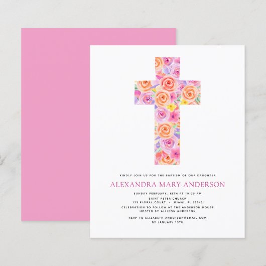 Papier Budget Baptême Pastel Floral Rose Croix (Devant / Derrière)