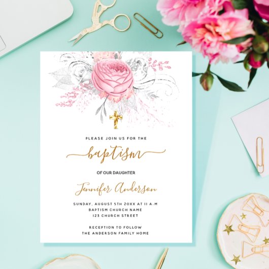 Papier Budget Baptême rose florales fille élégant