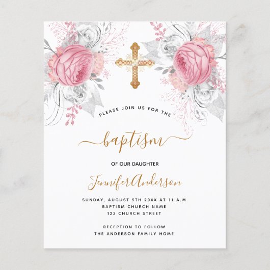 Papier Budget Baptême rose florales fille élégant (Devant)