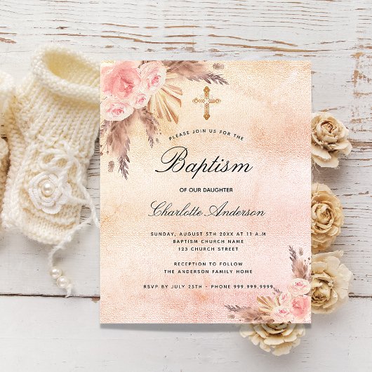 Papier Budget baptême rose gênée herbe de pampa script