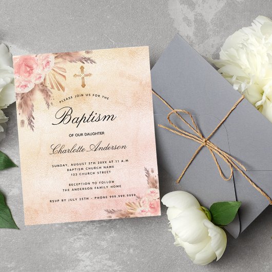 Papier Budget baptême rose gênée herbe de pampa script