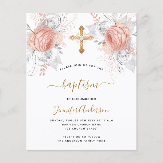 Papier Budget Baptême rose or florales fille blanche (Devant)