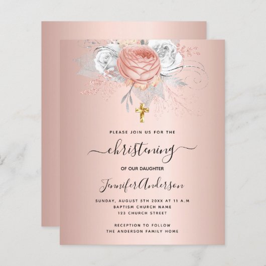 Papier Budget baptême rose or floraux invitation (Devant / Derrière)