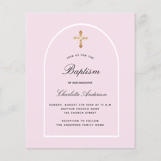 Papier Budget baptême rose petite fille invitation arc (Devant)