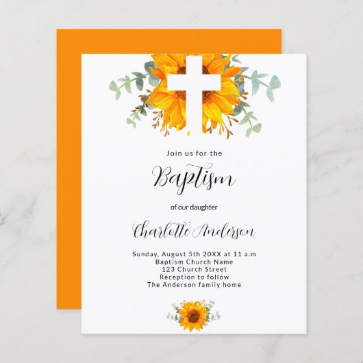 Papier Budget Baptême tournesol invitation eucalyptus (Devant / Derrière)