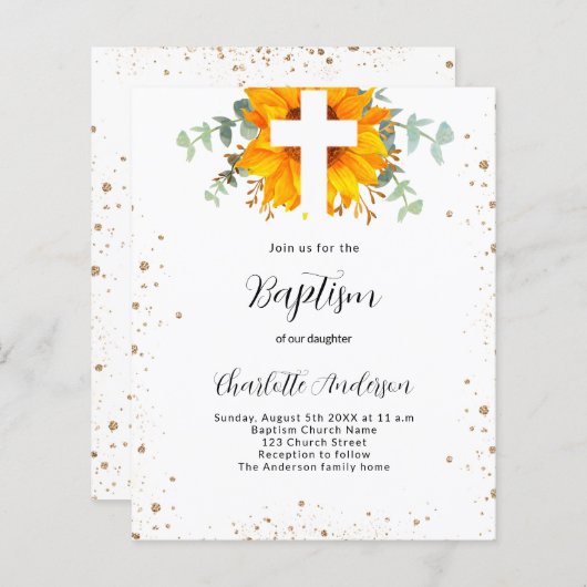 Papier Budget Baptême tournesol invitation eucalyptus (Devant / Derrière)