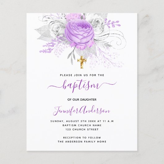 Papier Budget Baptême violet florales fille blanche (Devant)