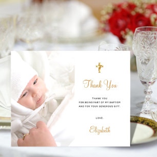 Papier Budget baptism photo white gold thank you card