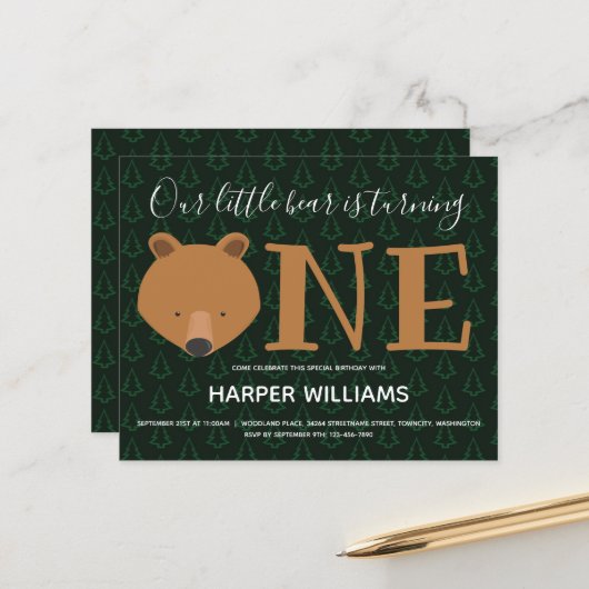 Papier Budget Bear Pine Baby First Birthday Invitation (Devant/Arrière en situation)