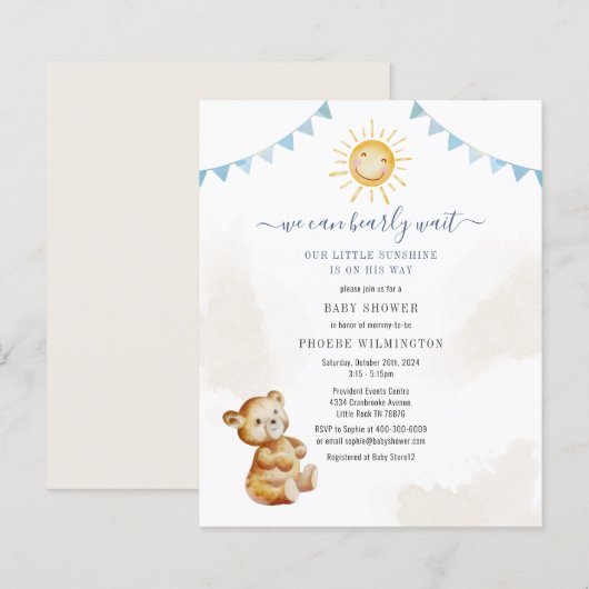 Papier Budget Bear Sunshine Boys Baby shower Invitation (Devant / Derrière)