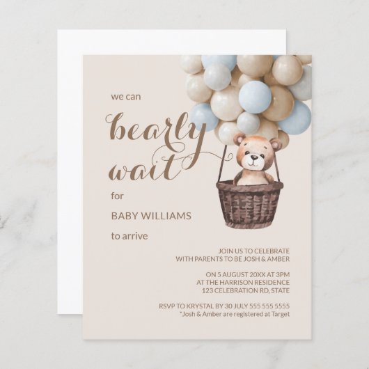 Papier Budget Bearly Wait Teddy Balloons Baby shower garç (Devant / Derrière)