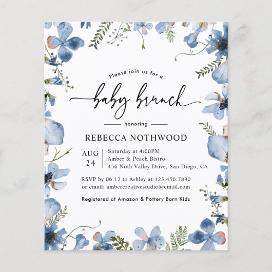Papier Budget Bébé Bleu Fleur sauvage Bébé Brunch Invitat (Devant)
