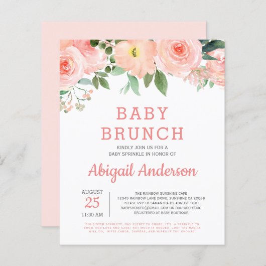 Papier Budget Bébé Brunch Aquarelle Floral Invitation (Devant / Derrière)