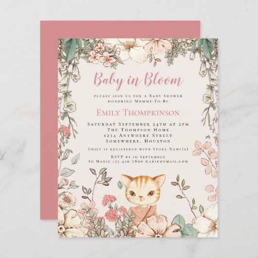 Papier Budget Bébé En Fleur Chat Fille Baby shower Invita (Devant / Derrière)