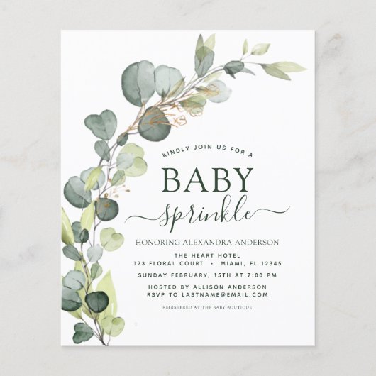 Papier Budget Bébé Sprinkle Douche Eucalyptus Invitation (Devant)