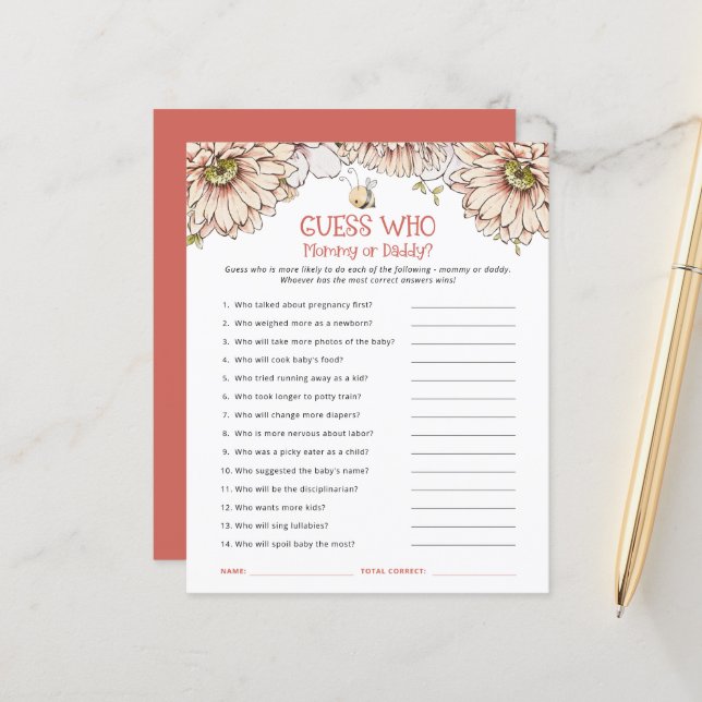 Papier Budget Bee Devine Qui maman ou papa Baby shower je (Devant/Arrière en situation)