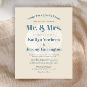 Papier Budget Beige Blue Shell Beach Wedding Invitation