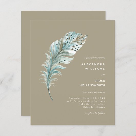 Papier Budget Beige Boho Feather Minimal Mariage Invitati (Devant / Derrière)