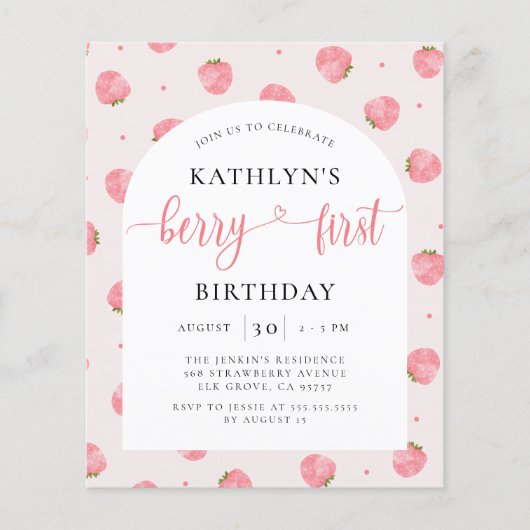 Papier Budget Berry First Birthday Strawberry Invitation (Devant)