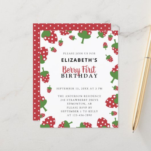 Papier Budget Berry Premier anniversaire mignonne Fille f (Devant/Arrière en situation)