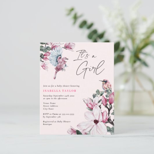 Papier Budget Birds & Pink Floral Girl Baby shower (Debout devant)