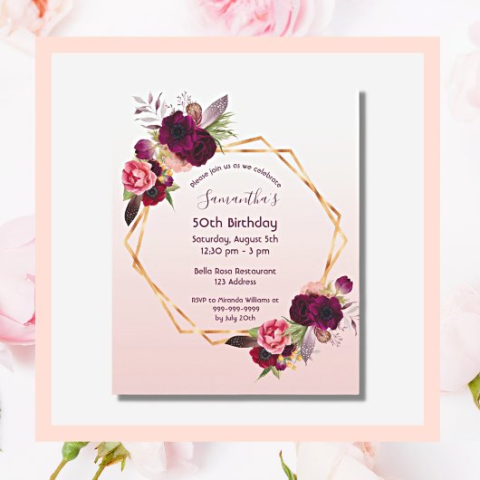 Papier Budget Birthday florals rose or invitation