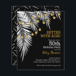 Papier Budget Black and Gold 50th Birthday Invitations<br><div class="desc">Les invitations à la fête d'anniversaire pour n'importe quel âge comprennent des cordes de lumières sur les frondes de palmier blanc sur le noir, ces invitations à la fête d'anniversaire abordables sont imprimées sur votre choix de 3 tailles de papier de carton blanc brillant semi-brillant de 110 livres. (Nous ne...</div>