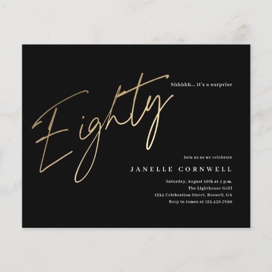 Papier Budget Black and Gold 80th Birthday Invitation (Devant)