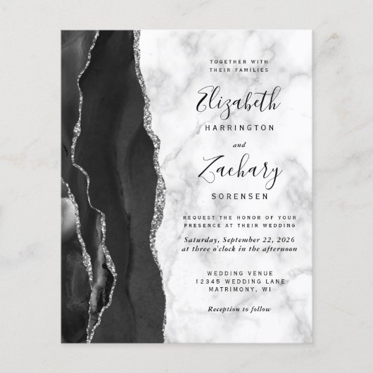 Papier Budget Black Argent Agate Marbre Mariage Invitatio (Devant)