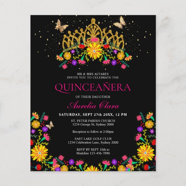 Papier Budget Black Floral Mexicain Or Tiara Quinceanera (Devant)