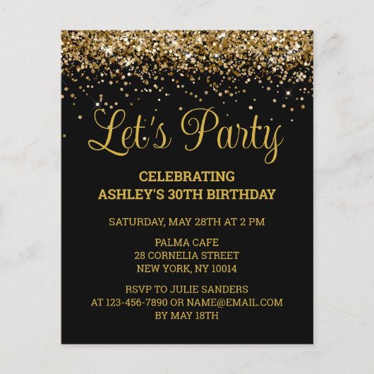 Papier Budget Black & Gold 30th Birthday Party Invitation (Devant)