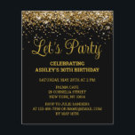 Papier Budget Black & Gold 30th Birthday Party Invitation<br><div class="desc">Invitation de Parties scintillant Noir et Or,  30e invitation Anniversaire Fête,  budget Trente ans N'importe quel âge,  Quarantième Cinquante-Soixante,  Personnalisé 21e 40e 50e 60e,  Élégant Milestone Célébrer Douce 16,  Personnalisé 18e Glam Confetti d'or,  Calligraphie Adulte Chic tendance simple pour elle,  16e quinceanera de Bling 15e célébration</div>
