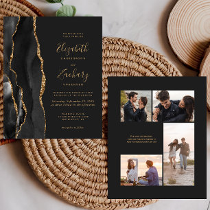 Papier Budget Black Gold Agate 4-Photo Mariage Invitation