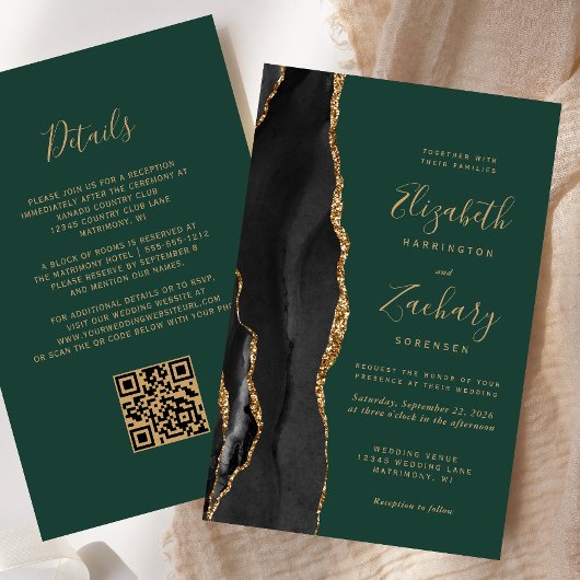 Papier Budget Black Gold Agate Dark Green QR Code Mariage
