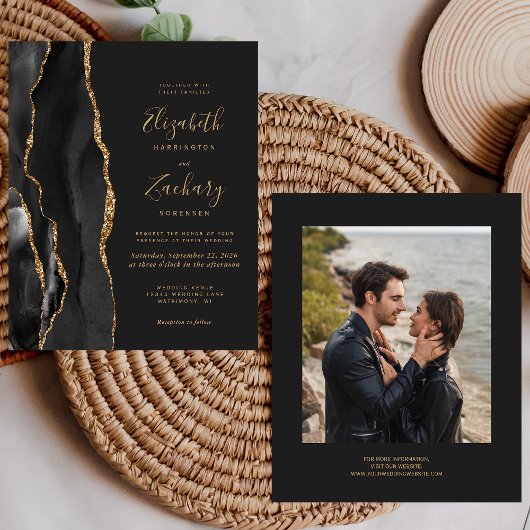 Papier Budget Black Gold Agate Photo Dark Wedding Invitat