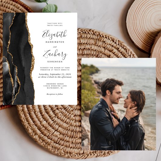 Papier Budget Black Gold Agate Photo Wedding Invitation