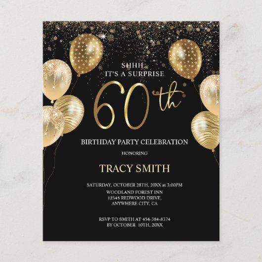 Papier BUDGET Black Gold Balloons 60e Anniversaire surpri (Devant)