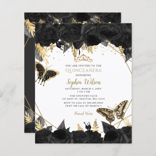 Papier Budget Black Gold Butterfly Quinceañera Invitation (Devant / Derrière)