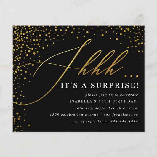 Papier Budget Black & Gold Confetti Script Surprise Party (Devant)