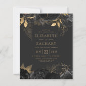 Papier Budget Black Gold Floral Dark Wedding Invitation (Devant)