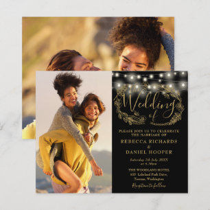 Papier Budget Black Gold Lights 2 Photo Wedding Invitatio