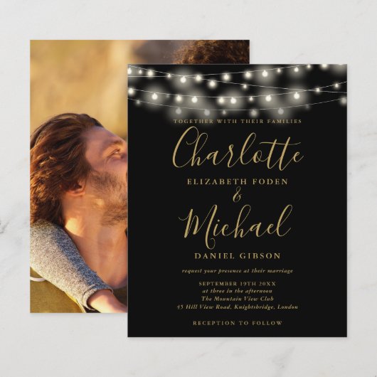 Papier Budget Black Gold Lights Photo Faire-part de maria (Devant / Derrière)