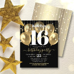 Papier Budget Black Gold Parties scintillant Sweet 16 Bal<br><div class="desc">"Bonne Douce 16". Faites-nous parvenir cette invitation de fête unique, simple, festive, moderne et personnalisée pour un événement à retenir. . La typographie grasse, graphique, blanche et l'écriture manuscrite en or recouvrent des ballons d'or et des lampes à cordes brillantes d'or sur un arrière - plan noir sophistiqué. Personnalisez le...</div>