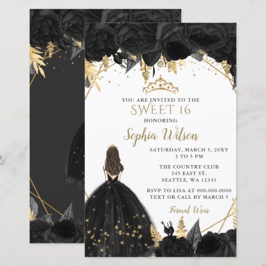 Papier Budget Black Gold Princess SWEET 16 Invitation (Devant / Derrière)