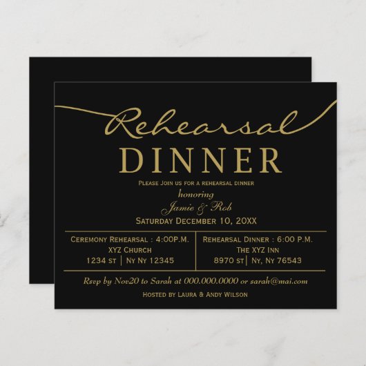 Papier Budget Black Gold Rehearer Dîner Invitation (Devant / Derrière)