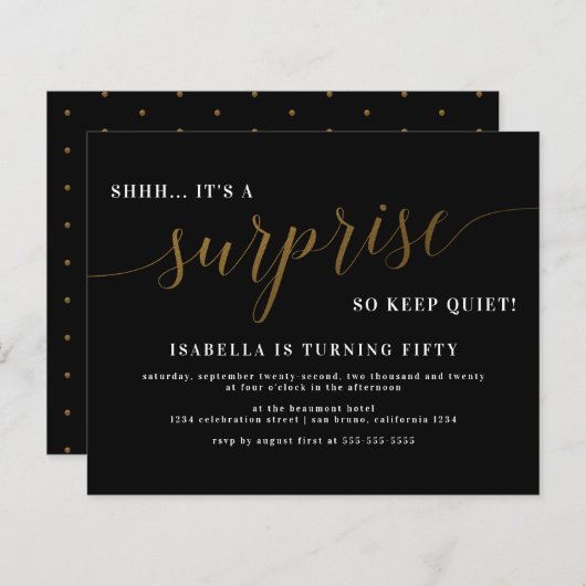 Papier Budget Black & Gold Script Surprise fête d'anniver (Devant / Derrière)